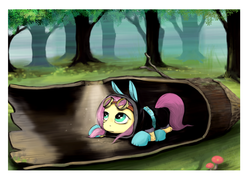 Size: 1400x1000 | Tagged: dead source, safe, artist:php2, fluttershy, pegasus, pony, g4, bunny ears, clothes, dangerous mission outfit, female, goggles, hiding, hoodie, log, mare, socks, solo