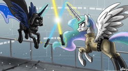 Size: 1500x833 | Tagged: safe, artist:johnjoseco, princess celestia, princess luna, alicorn, pony, g4, butt, crossover, darth vader, duel, energy weapon, female, flying, gritted teeth, hooves, horn, i am your father, i am your sister, lightsaber, luke skywalker, magic, mare, plot, spread wings, star wars, weapon, wings