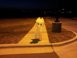 Size: 2048x1536 | Tagged: safe, artist:emedina13, edit, applejack, g4, crossover, night, ponies in real life, sidewalk, slenderman, streetlight, vector, wait till you see it