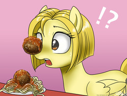 Size: 1000x750 | Tagged: safe, artist:johnjoseco, oc, oc only, pegasus, pony, anneli heed, meatball, pasta, ponified, solo, spaghetti