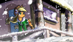 Size: 1300x743 | Tagged: safe, artist:johnjoseco, applejack, earth pony, pony, g4, boots, clothes, coat, earmuffs, female, mare, shoes, snow, snowfall, solo, train station, windswept mane, winter outfit