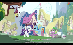 Size: 1024x640 | Tagged: safe, screencap, rainbow dash, rarity, spike, g4, just for sidekicks, letterboxing, youtube caption