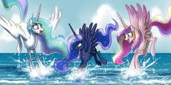 Size: 1700x850 | Tagged: safe, artist:johnjoseco, princess cadance, princess celestia, princess luna, alicorn, pony, g4, alicorn triarchy, cute, cutedance, cutelestia, ethereal mane, ethereal tail, female, happy, height difference, horn, long horn, long mane, long tail, lunabetes, mare, missing accessory, ocean, smiling, splashing, tail, tall, trio, water