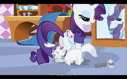 Size: 1024x640 | Tagged: safe, edit, edited screencap, screencap, opalescence, rarity, cat, pony, unicorn, g4, just for sidekicks, caption, female, hub logo, letterboxing, mare, mirror, saddle, text, youtube caption