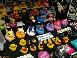 Size: 720x540 | Tagged: safe, applejack, fluttershy, pinkie pie, rainbow dash, rarity, twilight sparkle, g4, duckface, female, flutterduck, gir, invader zim, irl, literal duck face, mane six, photo, rubber duck, toy, zim