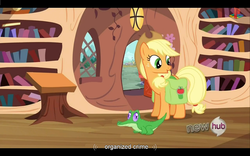 Size: 1024x640 | Tagged: safe, screencap, applejack, gummy, g4, just for sidekicks, letterboxing, youtube caption