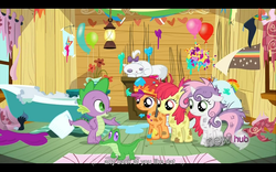 Size: 1024x640 | Tagged: safe, screencap, apple bloom, gummy, opalescence, scootaloo, spike, sweetie belle, g4, just for sidekicks, cutie mark crusaders, letterboxing, youtube caption