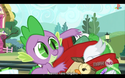 Size: 1024x640 | Tagged: safe, screencap, angel bunny, gummy, opalescence, owlowiscious, spike, g4, just for sidekicks, letterboxing, youtube caption