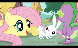 Size: 1024x640 | Tagged: safe, screencap, angel bunny, fluttershy, spike, g4, just for sidekicks, letterboxing, youtube caption