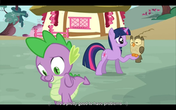 Size: 1024x640 | Tagged: safe, screencap, owlowiscious, spike, twilight sparkle, g4, just for sidekicks, letterboxing, youtube caption