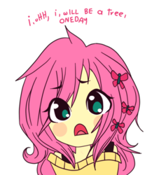 Size: 400x460 | Tagged: safe, artist:tewi-kun, fluttershy, human, g4, anime, chibi, cute, fluttertree, humanized, moe, no nose, open mouth, shyabetes, solo