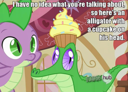 Size: 992x720 | Tagged: safe, gummy, spike, g4, just for sidekicks, my little pony: friendship is magic, cupcake, image macro, reaction image