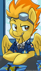 Size: 392x670 | Tagged: safe, artist:spainfischer, spitfire, pegasus, pony, g4, clothes, desk, female, looking at you, paperwork, solo, spitfire's office, spitfire's whistle, uniform, whistle, wonderbolts dress uniform