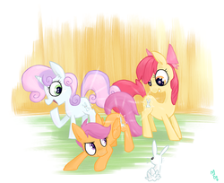 Size: 2450x2000 | Tagged: safe, artist:meekcheep, apple bloom, scootaloo, sweetie belle, earth pony, pegasus, pony, rabbit, unicorn, g4, cutie mark, cutie mark crusaders, cutiespark, female, filly, trio