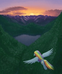 Size: 1600x1912 | Tagged: safe, artist:lurarin, rainbow dash, pegasus, pony, fanfic:austraeoh, g4, fanfic art, female, flying, mare, mountain, outdoors, scenery, sky, solo, spread wings, wings