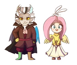 Size: 700x590 | Tagged: safe, artist:keterok, angel bunny, discord, fluttershy, g4, blushing, clothes, horn, horned humanization, humanized, skirt, winged humanization