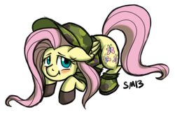 Size: 613x402 | Tagged: safe, artist:serenamidori, fluttershy, pegasus, pony, g4, blushing, camouflage, female, solo