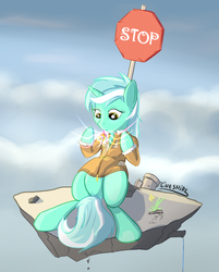 Size: 1158x1440 | Tagged: safe, artist:cheshiresdesires, lyra heartstrings, pony, unicorn, g4, clothes, cloud, dirt cube, female, floating, floating island, flower, jacket, magic, sign, sitting, sky, solo, stop sign