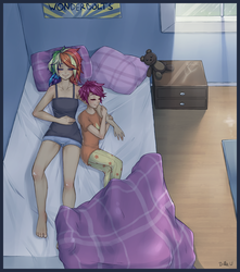 Size: 3670x4160 | Tagged: safe, artist:missangest, rainbow dash, scootaloo, human, g4, barefoot, clothes, content, cuddling, cute, feet, happy, humanized, pajamas, scootalove, sleeping, smiling