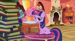 Size: 1590x872 | Tagged: safe, screencap, twilight sparkle, pony, unicorn, g4, spike at your service, book, female, mare, youtube caption, youtube link