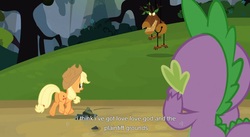 Size: 1587x869 | Tagged: safe, screencap, applejack, spike, dragon, earth pony, pony, timber wolf, g4, spike at your service, female, male, mare, youtube caption, youtube link