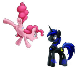 Size: 957x835 | Tagged: dead source, safe, artist:gatodelfuturo, pinkie pie, oc, pony, unicorn, g4, duo, featureless crotch, gasp, midair, simple background, transparent background, underhoof