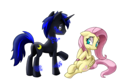 Size: 1024x683 | Tagged: dead source, safe, artist:gatodelfuturo, fluttershy, oc, pegasus, pony, unicorn, g4, duo, simple background, transparent background