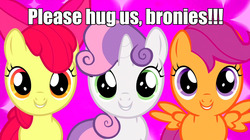 Size: 1280x719 | Tagged: safe, apple bloom, scootaloo, sweetie belle, g4, just for sidekicks, bronybait, caption, cute, cutie mark crusaders, fourth wall, grin, hug request, image macro, implied hugging, looking at you, meme