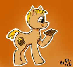 Size: 500x462 | Tagged: safe, artist:herrdoktorrr, earth pony, food pony, original species, pony, 30 minute art challenge, :q, eyes on the prize, food, licking, licking lips, looking at something, male, orange background, ponified, simple background, smiling, solo, stallion, tongue out, waffle