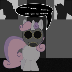 Size: 1280x1280 | Tagged: safe, artist:asksweetiebot, sweetie belle, pony, robot, robot pony, unicorn, ask sweetie bot, g4, ask, comic, doctor who, empty child, female, filly, foal, gas mask, hooves, horn, implications, solo, sweetie bot, the empty child, the implications are horrible, tumblr