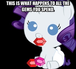 Size: 640x580 | Tagged: safe, gameloft, rarity, pony, g4, baby, baby pony, crack is cheaper, gem, image macro, solo