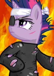 Size: 480x670 | Tagged: safe, artist:majorfreddy, artist:wisdom-thumbs, twilight sparkle, pony, unicorn, g4, clothes, escape from new york, eyepatch, female, fire, future twilight, hooves, horn, mare, parody, ripping clothes, solid sparkle, solo