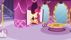 Size: 1263x705 | Tagged: safe, screencap, apple bloom, scootaloo, sweetie belle, earth pony, pegasus, pony, unicorn, g4, sleepless in ponyville, carousel boutique, cutie mark crusaders, looking at each other, looking at someone, mirror, nose to nose, nose wrinkle, stairs, table