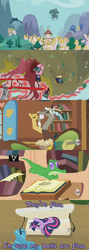 Size: 850x2391 | Tagged: safe, discord, gummy, owlowiscious, twilight sparkle, g4, golden oaks library, library