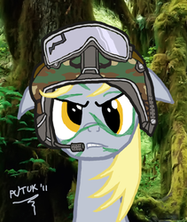 Size: 612x725 | Tagged: safe, artist:putuk, derpy hooves, pegasus, pony, g4, bust, call of duty, female, floppy ears, forest, goggles, gritted teeth, helmet, mare, portrait, rainforest, ramirez, solo, teeth