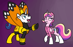 Size: 1627x1060 | Tagged: safe, artist:derkrazykraut, princess cadance, shining armor, alicorn, pony, unicorn, g4, boots, clothes, cosplay, costume, crossover, crown, doctor girlfriend, dress, fake wings, female, gradient background, hat, horn, jewelry, male, mare, regalia, shoes, stallion, the monarch, the venture bros.