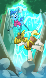 Size: 940x1600 | Tagged: safe, artist:madmax, oc, oc only, oc:huzzercarwhel, oc:larkspur, deer, earth pony, pony, armor, unshorn fetlocks, waterfall