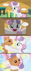 Size: 1280x2913 | Tagged: dead source, safe, artist:jan, sweetie belle, pony, unicorn, ask the crusaders, comic:the presents, g4, cute, diasweetes, female, filly, foal, happy, solo, teddy bear, tumblr