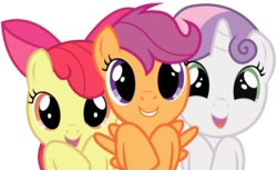 Size: 2000x1227 | Tagged: safe, artist:disicut, apple bloom, scootaloo, sweetie belle, earth pony, pegasus, pony, unicorn, g4, just for sidekicks, cutie mark crusaders, female, filly, foal, looking at you, puppy dog eyes, simple background, transparent background, trio, trio female, vector