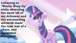 Size: 1280x720 | Tagged: safe, twilight sparkle, pony, g4, winter wrap up, female, pony confession, solo