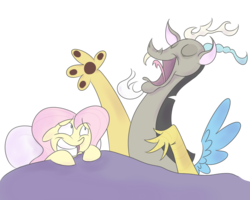 Size: 900x720 | Tagged: safe, artist:perrydotto, discord, fluttershy, g4, awkward smile, bed, blanket, duo, female, male, open mouth, paw pads, simple background, singing, smiling, transparent background