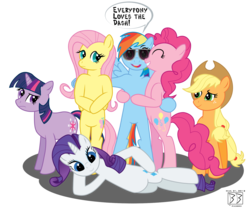 Size: 1950x1635 | Tagged: safe, artist:gil-hushpond, applejack, fluttershy, pinkie pie, rainbow dash, rarity, twilight sparkle, earth pony, pegasus, pony, unicorn, g4, aviator sunglasses, bipedal, female, hug, lesbian, mane six, rainbow dash gets all the mares, simple background, speech bubble, sunglasses, transparent background