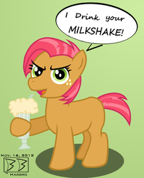 Size: 650x800 | Tagged: safe, artist:gil-hushpond, babs seed, g4, one bad apple, drink, i drink your milkshake, milkshake, speech bubble, there will be blood