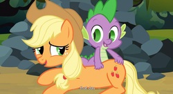 Size: 1600x871 | Tagged: safe, screencap, applejack, spike, dragon, earth pony, pony, g4, spike at your service, back scratching, butt touch, female, hand on butt, male, mare, massage, petting, youtube caption, youtube link