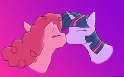 Size: 1164x726 | Tagged: safe, artist:taiga1x, pinkie pie, twilight sparkle, earth pony, pony, unicorn, g4, duo, female, gradient background, kiss on the lips, kissing, lesbian, mare, ship:twinkie, shipping