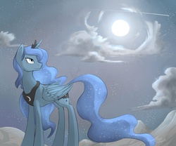 Size: 2100x1750 | Tagged: safe, artist:stupidyou3, princess luna, pony, g4, cloud, cloudy, female, looking back, moon, night, shooting star, solo