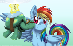 Size: 900x567 | Tagged: safe, artist:inuhoshi-to-darkpen, rainbow dash, tank, g4, nuzzling