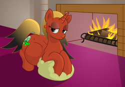 Size: 1024x711 | Tagged: safe, artist:xniclord789x, oc, oc only, oc:fireshell, bedroom eyes, ear piercing, earring, fireplace, jewelry, looking at you, piercing, pillow, pregnant