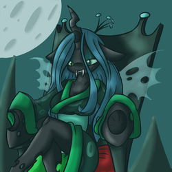 Size: 3000x3000 | Tagged: dead source, safe, artist:artsygum, queen chrysalis, changeling, changeling queen, anthro, g4, arm hooves, female, solo, throne