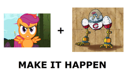 Size: 1337x796 | Tagged: safe, scootaloo, g4, colonel pluck, donkey kong country, donkey kong country returns, exploitable meme, make it happen, scootachicken